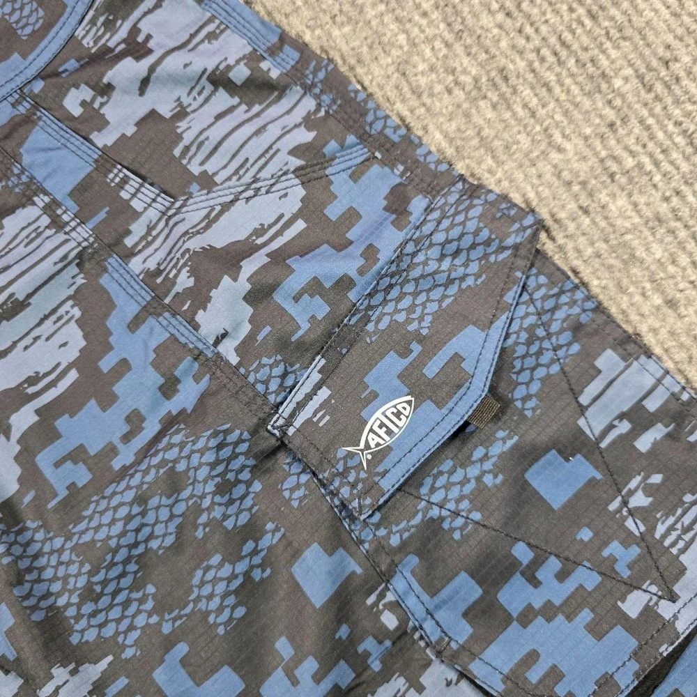 AFTCO Cargo Shorts Mens 38 Blue Camo Microfiber Stretch Fishing Outdoor Summer